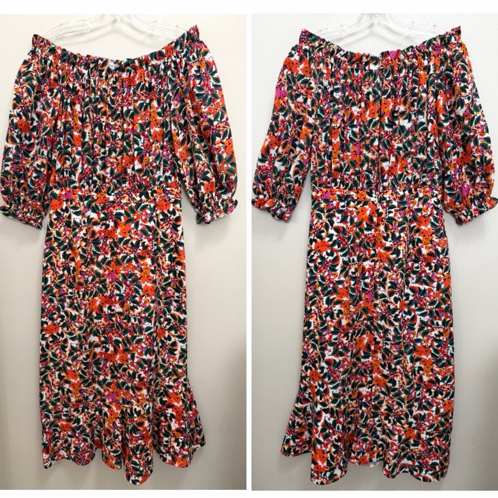 SALONI Grace Silk Midi Dress Off Shoulder Floral Multi Size 8 - Picture 3 of 12